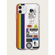 Aksesuar Oppo RX17 Neo Gökkuşağı ve Astronot Desenli Şeffaf Kılıf