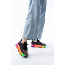 Ellolita Luxury Shoes RS-403 Siyah Bağcıklı Fileli Multi Taşlı Renkli Taban Günlük Kadın Spor