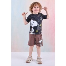 Pjkskt Snoopy Desenli Kahverengi Şortlu Erkek Çocuk Kısa Kol Takım 7603-K