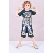 Pjkskt Minec Desenli Koyu Yeşil Şortlu Erkek Çocuk Kısa Kol Takım 7614-KY