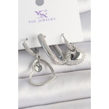 Pirinç Gümüş Renk Sallantı Zirkon Taşlı Kalp Model 3'lü Kadın Kombin Küpe