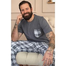 Pijama Evi Erkek Füme Ekose Cep Detaylı Kısa Kollu Pijama Takımı 100% Pamuk Konforlu Tasarım