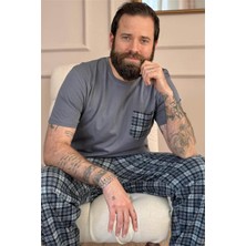 Pijama Evi Füme Gri Ekose Cep Detaylı Kısa Kollu Erkek Pijama Takımı %100 Pamuk Konfor