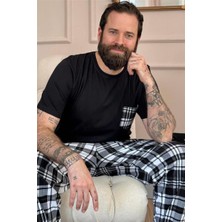 Pijama Evi Siyah Haki Ekose Cep Detaylı Kısa Kollu Erkek Pijama Takımı %100 Pamuk Rahat Kesim