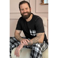 Pijama Evi Siyah Füme Ekose Cep Detay Kısa Kollu Erkek Pijama Takımı