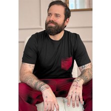 Pijama Evi Bordo Siyah Ekose Cep Detay Kısa Kollu Erkek Pijama Takımı