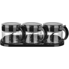 Büro Ev Ofis Mutfağı Için 3parça Siyah Standlı Kapaklı Kaşıklı Cam Baharatlık Seti