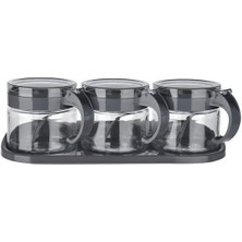 Büro Ev Ofis Mutfağı Için 3parça Gri Standlı Kapaklı Kaşıklı Cam Baharatlık Seti