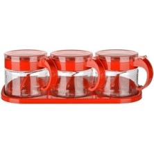 Büro Ev Ofis Mutfağı Için 3parça Kırmızı Standlı Kapaklı Kaşıklı Cam Baharatlık Seti