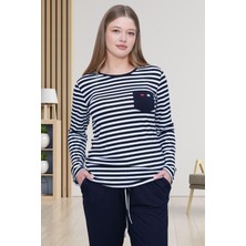 Mecit 6201 Lacivert Çizgili Büyük Beden Kadın Pijama Takımı
