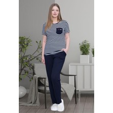 Mecit 6202 Lacivert Çizgili Büyük Beden Kadın Pijama Takımı