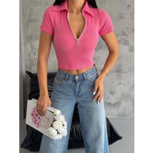 Kaşkorse Yaka Fermuarlı Bluz Fuşya