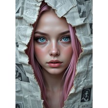 Bedeko Gazete Küpürleri Arasından Bakan Mavi Gözlü Kız Tablo