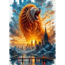 Bedeko Şehrin Üzerinde Aslan Silüeti Ahşap Tablo
