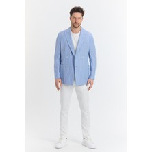 Frappoli Vitao Erkek Bej Italyan Çizgili Kruvaze Yarım Astarlı Slim Fit Spor Blazer Ceket