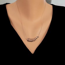 925 Ayar Rose Gümüş Yaprak Kolye, Siyah Taş