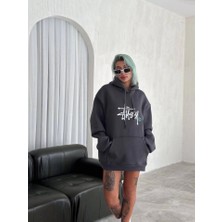 MELENERS Baskılı Sweatshirt Üç Iplik Kapşonlu - Füme
