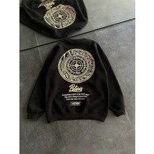 MELENERS Kışlık Bisiklet Yaka Ön ve Arka Baskılı Sweatshirt - Siyah