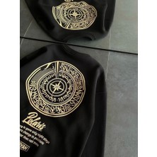 MELENERS Kışlık Bisiklet Yaka Ön ve Arka Baskılı Sweatshirt - Siyah