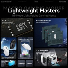Kablosuz (3 Modlu)  24.000DPI Oyuncu Mouse PAW3311 Sensör Şarj Istasyonlu Grip Tape ve Skatez Hediye