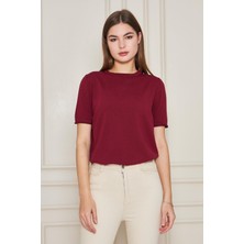 Irmak Kerekli Kadın Bisiklet Yaka Kısa Kollu Triko Bluz Basic Bluz 25222 Bordo