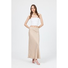 Bej Puantiye Desen Saten Midi Etek 9416