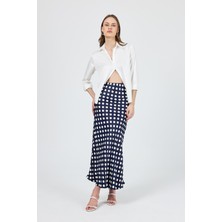 Lacivert Puantiye Desen Saten Midi Etek 9416