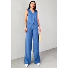 Cappmoda TKM-13266 Vizon Keten Silver Düğmeli Yelek Yüksek Bel Pantolon Ikili Takım