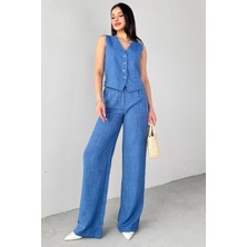 Cappmoda TKM-13266 Vizon Keten Silver Düğmeli Yelek Yüksek Bel Pantolon Ikili Takım