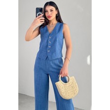 Cappmoda TKM-13266 Vizon Keten Silver Düğmeli Yelek Yüksek Bel Pantolon Ikili Takım