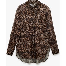 Koton Uzun Kollu Leopar Desenli Şifon Gömlek Plaj Elbisesi