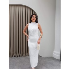 Drapeli Yırtmaçlı Midi Elbise