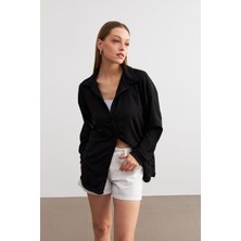 Kadın Siyah Oversize Uzun Krinkıl Gömlek