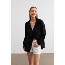Kadın Siyah Oversize Uzun Krinkıl Gömlek