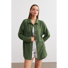 Kadın Haki Yeşil Oversize Uzun Krinkıl Gömlek
