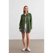 Kadın Haki Yeşil Oversize Uzun Krinkıl Gömlek