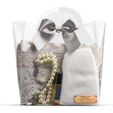 Seccade + Tesbih + Takke + Esans Hediye Seti (Çantalı Asetat Kutu, Gri)