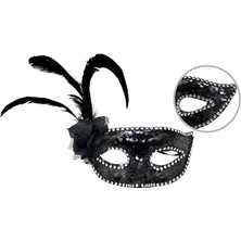 Çerçici Siyah Renk Yandan Tüylü Güllü Gümüş Taşlı Pullu Maske 20x22 Cm