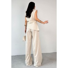 Cappmoda TKM-13260 Taş Rengi Asimetrik Kesim Pile Detaylı Bluz Salaş Pantolon Ikili Takım
