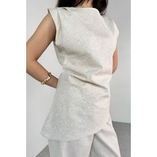 Cappmoda TKM-13260 Taş Rengi Asimetrik Kesim Pile Detaylı Bluz Salaş Pantolon Ikili Takım