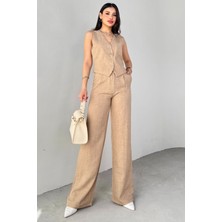 Cappmoda TKM-13266 Vizon Keten Silver Düğmeli Yelek Yüksek Bel Pantolon Ikili Takım