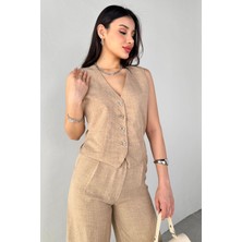 Cappmoda TKM-13266 Vizon Keten Silver Düğmeli Yelek Yüksek Bel Pantolon Ikili Takım