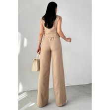 Cappmoda TKM-13266 Vizon Keten Silver Düğmeli Yelek Yüksek Bel Pantolon Ikili Takım
