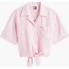 Tommy jeans Kadın Pembe Cropped Keten Kısa Kollu Gömlek
