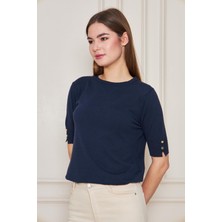 Irmak Kerekli Kadın Bisiklet Yaka Çıtçıtlı Kısa Kollu Triko Bluz 1070 Lacivert
