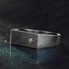 925 Ayar Gümüş Oksitli Şampanya Taşlı Sade Erkek Yüzük