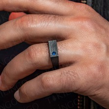 925 Ayar Gümüş Oksitli Pırlanta Montür Mavi Zirkon Taşlı Sade Erkek Yüzük