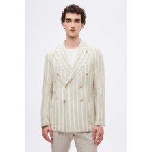 Twn Slim Fit Bej Armürlü %100 Keten Kruvaze Kumaş Ceket 4EC04TL134882