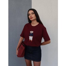 Kadın Bisiklet Yaka Ayıcık Baskılı T-Shirt
