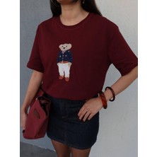 Kadın Bisiklet Yaka Ayıcık Baskılı T-Shirt